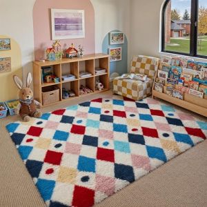 HUGEAR Tapis Salon Shaggy Damier Tapis Chambre Adulte Fille Doux Moelleux Descente de lit Antid&eacute;Rapant Moderne Grand Tapis Multicolore Blanc 120&times;180cm Decoration Chambrel Motif Geometrique (RONGBEN, neuf)