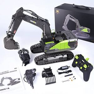 Huina 1593 Jouet pelleteuse t&eacute;l&eacute;command&eacute;e avec fonction compl&egrave;te pelleteuse avec t&eacute;l&eacute;commande et pelle en m&eacute;tal t&eacute;l&eacute;command&eacute;e avec batterie et chargeur + 2 Batterie + 3 embouts Vert 2022 (Esun Europe, neuf)