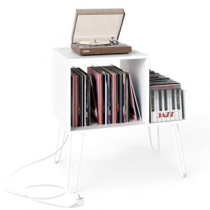 COSTWAY Support Tourne-Disque avec Prise, Meuble Tourne-Disque Vinyle pour 145 Albums, Station de Charge, 2 Ports USB, 4 Pieds Amovibles, 3 S&eacute;parateurs, &Eacute;tag&egrave;re sur Table(Blanc) (FDS GmbH, neuf)