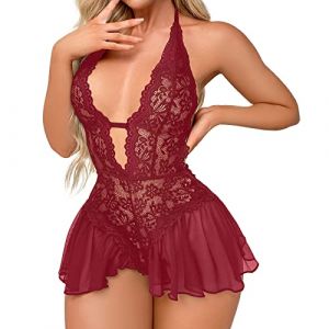 Body Sexy Femme érotique Ouvert Entrejambe avec Jupe Bodysuit Femme Dos Nu Dentelle col v Plongeant Fines Bretelles Lingerie Sexy Femme Coquine Hot Justaucorps babydol0l Dress (RD1, XL) (XNme SW, neuf)