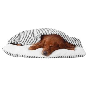 GZGLZDQ Lit Apaisant pour Chien avec Toit, Panier de Couchage Carr&eacute; pour Chien Grotte, avec Capuche et Housse Amovible, Niche Chien Interieur, Sac de Couchage en Peluche(Stripe,60x50x23cm) (GZGLZDQ, neuf)