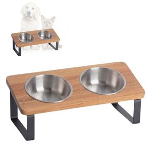 PETLINUS Gamelle Chat Surélevée et Inclinée Double en Acier Inoxydable - Support en Bois Incliné à 15° - Pour Chiot, Petit Chien ou Chat - Mangeoirs et Abreuvoirs en Acacia (LINUS ONLINE, neuf)