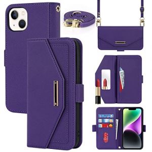 Cavor Coque Compatible avec iPhone 14 Etui avec Cordon,Flip Portefeuille Étui Cuir,[5 Porte Cartes][Miroir][Magnétique][Réglable Collier] Housse - Violet (Copmob, neuf)