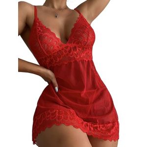 CheChury Lingerie Sexy en Dentelle Babydoll avec String Femmes Pyjama Sexy Chic Ensembles de Lingerie en Dentelle Ensemble sous-V&ecirc;tements Col en V Nuisette Robe de Nuit 2 Pi&egrave;ces,Rouge,S (LYworld, neuf)