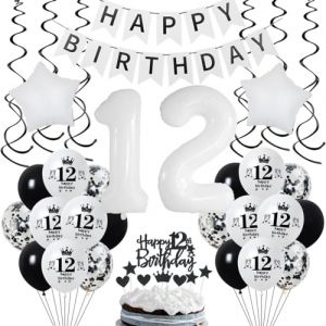 Decoration Anniversaire 12 ans Blanc Déco, Anniversaire 12 ans Blanc Noir Fille Garçon, Ballon 12 ans Anniversaire Fille, Blanc Noir 12 ans Décoration Fête Garçon, Noir Blanc 12 ans Ballon Déco (Crazy-M, neuf)