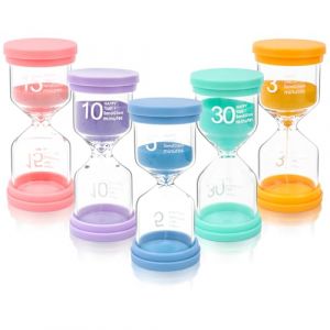 TNEDFOD 5 pcs Sablier Coffret, Sabliers Colorés pour Enfants, Min en Verre, 3/5/10/15/30 Minutes, Sabliers de Couleur Macaron pour l'apprentissage, le Timing de jeu, la Décoration du Bureau à Domicile (NECUNDASHOP, neuf)