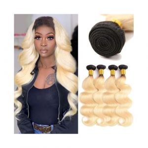 Tissage Naturel Cheveux Tissage en lot Body Wave #1B/613 blond ombré de cheveux humains de 10 à 30 pouces, tissage en lot brésilien à double trame bicolore Remy Hair Extension(14 14 14 14) (huasanzigui, neuf)