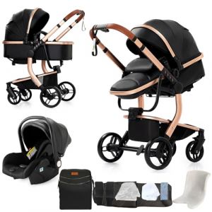 Nine point nine Cuir PU Poussette 3 en 1, Poussette Bebe avec Double Modes de Poussée Réversibles, Poussette Canne avec Grande Nacelle Confortable, Pousettes Cadre Aluminium Haute Paysage (B518 Black) (Kaiwen baby products, neuf)