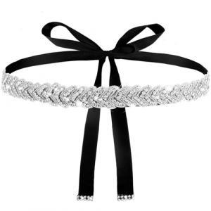 Ceinture de mari&eacute;e fabriqu&eacute;e &agrave; la main avec strass argent&eacute;s et strass - Ceinture en ruban noir pour robe fine - Bijoux de taille (bettershopp, neuf)
