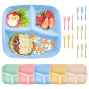 VFANDV 5 Pièces Assiette Compartiment, Assiettes Plates Incassables 3 Compartiments Assiettes Divisées Adulte Enfant Assiette Plastique Reutilisable avec Couteaux, Fourchettes et Cuillères (DATTEOSHOP, neuf)