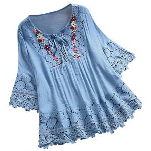 Tunique pour femme - Grande taille - Chemisier en coton et lin brod&eacute; - Col en V - Manches 3/4 - Haut d'&eacute;t&eacute; surdimensionn&eacute; - T-shirt boh&egrave;me paysanne tendance, 1 chemisier bleu ciel ? pour femme, 5XL (iNSe 51%, neuf)