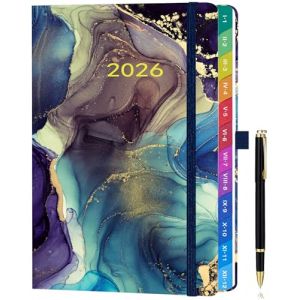 Agenda 2026 Semainier A5 &ndash; Planificateur Hebdomadaire et Mensuel avec Onglets, Pages en Couleur, Couverture en Cuir PU, Pochette de Rangement et Stylo (Janvier 2026 - D&eacute;cembre 2026) - Marbre (ZXNOC, neuf)