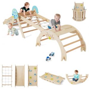 GOPLUS 9 en 1 Triangle Escalade Montesorri pour Enfants 1 Ans+, Parcours Montesorri Bebe Bois Pliable avec Arche, Rampe, Corde&&Eacute;chelle, Pont, Aire de Jeux Int&eacute;rieur (Astre|9 en 1,Naturel) (Augenstern24, neuf)