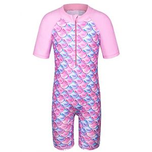 HUAANIUE Filles Maillot de Bain 1 Pièce 2-12 Ans, Anti-UV UPF 50+ Manches Courtes, Fermeture Éclair Frontale, Imprimés Colorés, Idéal pour Plage et Piscine (S255-Écailles Roses, 5-6 Ans) (HUANQIU EUR STORE, neuf)