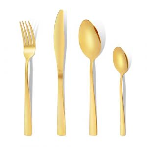 Couverts de Table en Acier Inoxydable Doré, ménagère 24 pièces avec fourchette, couteau, cuillère et cuillère à café, couverts dorés pour 6 personnes, design moderne et polissage des miroirs (Otto Koning, neuf)