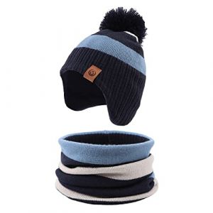 XIAOHAWANG Ray&eacute; Tricot&eacute; B&eacute;b&eacute; Bonnet Hiver Chaud Enfant Chapeau Classique Fille Gar&ccedil;on Bonnets avec Pompom Tout-Petit Chapeaux pour Activit&eacute; de Plain Air(Bleu Ciel(Chapeau+&eacute;charpe),9 &agrave; 24 Mois) (Xiaohawang Market, neuf)