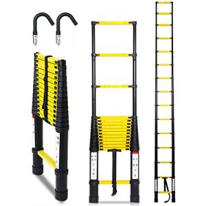 Ikodm &Eacute;chelle T&eacute;lescopique en Aluminium 3,8 m - Extensible, Antid&eacute;rapante, Multi-Usage, Capacit&eacute; 150 kg, avec Crochet Amovible - Noir et Jaune (FIRMWELL1, neuf)