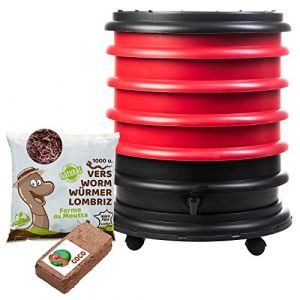 WORMbox | Lombricomposteur 4 Plateaux Rouge + 500gr de vers de Compost + 1 Bloc Coco | 64 litres | Compostez Vos déchets organiques, Les vers de Terre/lombrics produisent du lombricompost (Ferme du Moutta, neuf)