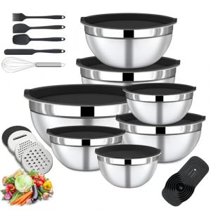 BEWOS Set de 7 Saladiers avec Couvercle - Set de Saladiers Inox avec R&acirc;pe, Cul de Poule Lavable au Lave-Vaisselle, Tailles 0.74, 1.16, 1.59, 2.00, 2.75, 3.38, 4.54 QT pour Pr&eacute;paration et Service (BewosDirect, neuf)