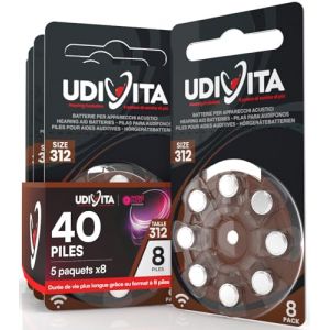 40 Piles Auditives Taille 312 Udivita PR41 (Marron) Zinc-Air Hearing Evolution avec Technologie Phono Pulse - 5 Blisters de 8 Piles (Eurocali, neuf)
