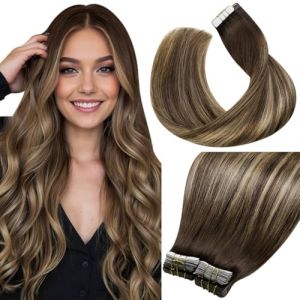 LaaVoo Extension Cheveux Naturel Adhesive Balayage Brun Caramel Dore 100g 40pcs 45cm Extension Adhesive Cheveux Humain Marron Blanc Ombre Lisse #4/27/4 (Laavoo, neuf)