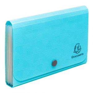 Exacompta - R&eacute;f. 55499E - Carton de 6 Trieurs valisette pocket Pop'N Co - couverture en PP recycl&eacute; 5/10&egrave;me et int&eacute;rieur en PP - 6 compartiments - fermeture par bouton pression - dim 18x11 cm - cyan (OFFICE24_7 F, neuf)