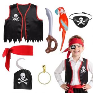 SEFIRST 7 Pi&egrave;ces Pirate Costume Enfant Deguisement Pirate, Bandeau Pirates Gilet Cache Oeil Boucles d'Oreilles Crochet Perroquet Gonflable, Adultes Capitaine Pirates Accessoire pour Halloween Carnaval (MaiDuoDuo, neuf)