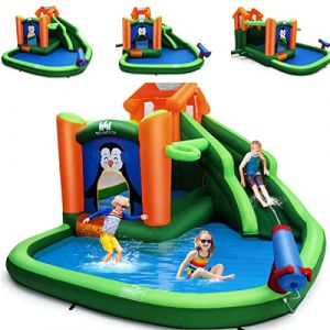 COSTWAY Ch&acirc;teau Gonflable avec Toboggan Aquatique & Maison de Saut, Aire de Jeux Gonflable avec Piscine & Motif de Pingouin, Canon &agrave; Eau & Panier, Charge 135kg pour 3 Enfants de 3 &agrave; 10 Ans (FDS GmbH, neuf)
