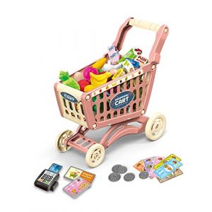 RedCrab Chariot de Courses Enfant, Ensemble de Jeu de Chariot de Courses Comprenant 54 Pièces Produits D'épicerie, Goûter, Fruits, Légumes, Accessoires de Magasin Cadeau de Jouet Éducatif(Rose) (RedCrab -EU, neuf)