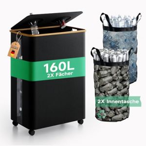 RMAN 160 L Poubelle Tri Selectif avec 2 Bacs et Couvercle Grande Poubelle &agrave; Roulettes pour Collecter les Bouteilles Vides, 18 cm de Diam&egrave;tre, pour Cuisine, Salles &agrave; Manger, Garde-manger (Noir) (RMAN, neuf)