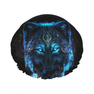 Bonnet de douche, bonnet de douche motif loup &agrave; lumi&egrave;re bleue froide pour femme, r&eacute;utilisable, imperm&eacute;able, bonnet de bain pour douche, double couche &eacute;lastique pour cheveux longs (JQMY-EU, neuf)