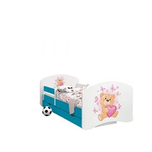 Happy Babies - LIT D'ENFANT DOUBLE FACE AVEC TIROIR Design Moderne Avec Bords S&ucirc;rs et Matelas en Mousse Antichute 7 cm Bleu (Ours en Peluche Amoureux, 190x90) (EuroTrip, neuf)