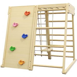 HOMCOM Aire de Jeux 5 en 1 pour Enfants Ensemble d'escalade avec balan&ccedil;oire, &eacute;chelle Horizontale, Filet &agrave; Grimper et Mur d'escalade, 120 x 105 x 120 cm, Bois de h&ecirc;tre Naturel (Aosom FR, neuf)