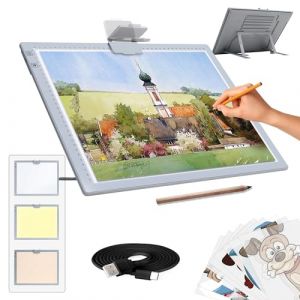 Table lumineuse A3 rechargeable avec support, bloc lumineux LED sans fil, 3 couleurs à intensité variable et 6 plaques de luminosité pour dessin, peinture diamant, peinture, radiographie (iVAOOZE EU, neuf)