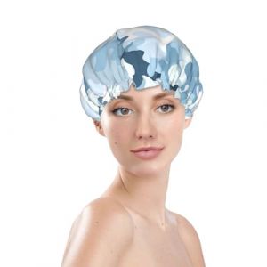 Bonnet de douche bleu et blanc à imprimé camouflage, bonnet de bain imperméable réutilisable pour cheveux de femme, bonnet de douche élastique double couche, protection des cheveux (BedBliss transactions, neuf)