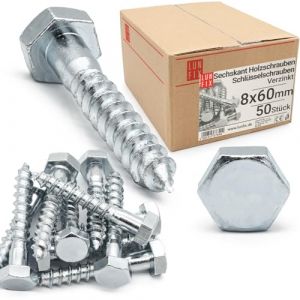 Lun Fix Vis &agrave; Bois 8 x 60 mm Acier Zingu&eacute; &ndash; 50 Pi&egrave;ces | Tirefond Hexagonal | Cheville B&eacute;ton | Support Poteau Bois | Visserie M&eacute;tal | Portillon | Alternative Inox (LUN FIX, neuf)
