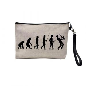 Pochette en Lin - Evolution Saxophone Jazz Musique Instrument Musicien - Trousse Maquillage en Toile Aspect Lin - Trousse de Toilette - 23,5 x15 cm (FabulousBOUTIK, neuf)