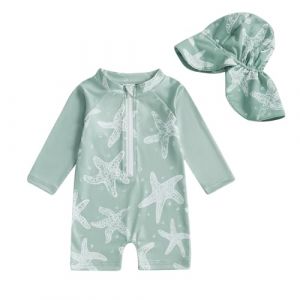 XIXIMAON Maillot de Bain Bébé Garçon Anti-UV Combinaison Natation Manches Longues et Chapeau de Bain Ensemble Piscine Plage Plongée Surf (Vert Etoile de Mer, 6-12 Months) (qiyuesheng, neuf)