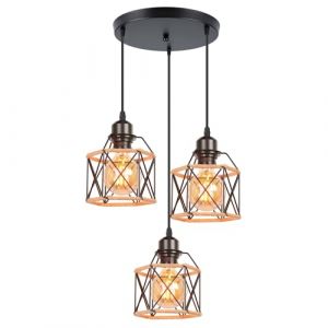 iDEGU 3 Lampes Suspension Luminaire Vintage Industriel en Métal Lustre Plafonnier Abat-Jour Design Cage avec Corde de Chanvre Luminaire E27 Lampe de Plafond pour Chambre Cuisine Salon (Noir, Cercle) (IDEGU, neuf)