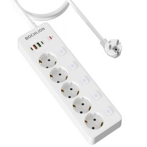 BOCHLION Multiprise avec 4 USB, 5 Prises Multiprise avec Interrupteur Individuel et Parafoudre, Prise Multiple Multiprises Murale avec PD20W et QC3.0, C&acirc;ble 1.8m 3250W/13A pour Bureau Cuisine-Blanc (BOCHLION, neuf)