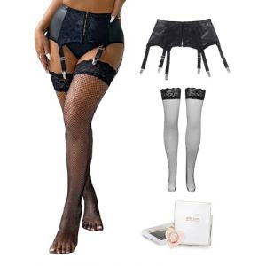comeondear Simili Cuir Porte Jarretelle Sexy Grande Taille avec Bas Autofixants Résille Femme avec 6 Pinces Réglable Jarretières Vintage Guepiere Ensemble Porte-Jarretelles Lingerie 2-Noir+Bas,M (ComeonDear, neuf)