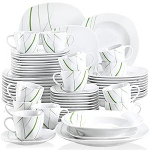 VEWEET AVIVA 60 pièces Service de Table Porcelaine 12pcs Assiette Plate, Assiette à Dessert, Assiette Creuse, Tasse avec Soucoupes Vaisselles pour 12 Personnes Céramique Blanc Ivoire (VEWEET Kitchen Creations, neuf)