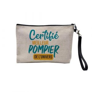 Pochette en Lin - Certifié Meilleur Pompier de l'univers Heros Feu Volontaire Urgence - Trousse Maquillage en Toile Aspect Lin - Trousse de Toilette - 23,5 x15 cm (FabulousBOUTIK, neuf)