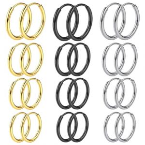 JOOTUEPO Boucles d'Oreilles, 12 Paires Boucles d'Oreilles Cr&eacute;oles Or/Argent/Noir, Boucle D'oreille Acier Inoxydable, Boucle d Oreille Homme Anneaux, Hypoallerg&eacute;niques, 8/10/12/14 mm (Jootuepo, neuf)