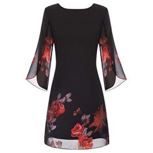 GRACE KARIN Robe en Mousseline de Soie à Manches 3/4 et col Rond Imprimé Rouge sur Noir Boheme Chic Robe (Zexxxy, neuf)