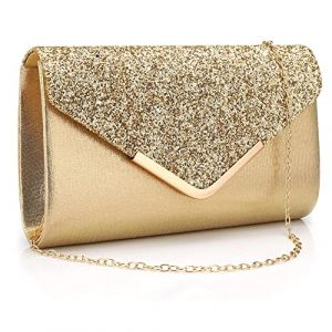 Milky Way Pochette Enveloppe Soirée Sac à Main Mariage En Paillettes Brillan Bandouliere Chic Et Elegant Clutch Argenté Avec Chaîne pour Femme Doré (Royalmal, neuf)