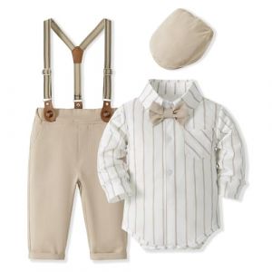 Volunboy B&eacute;b&eacute; Gar&ccedil;on Costume Gentleman, Noeud Papillon Chemise + Pantalon + Chapeau B&eacute;ret 5 Pi&egrave;ces(Taille 73,9-12 mois,Rayures Kaki (Volunboy, neuf)
