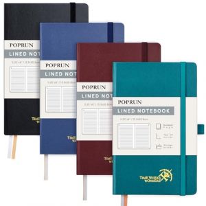 POPRUN Carnet de notes lign&eacute; A5 Paquet de 4, Couverture rigide, Papier 120 g/m&sup2;, 128 Pages Num&eacute;rot&eacute;es, &Eacute;tiquettes Autocollantes et 8 Feuilles D&eacute;tachables, Noir,Bourgogne,Pacifique vert,Bleu marine (Time Works Wonders, neuf)