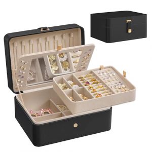 SONGMICS Bo&icirc;te &agrave; Bijoux avec Miroir, Porte-bijoux 2 Niveaux, Plateau Amovible, 17,6 x 22 x 11 cm, pour Colliers, Boucles d&rsquo;oreilles, Id&eacute;e Cadeau, Noir d&rsquo;Encre JBC200B01 (SONGMICS HOME FR, neuf)
