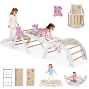 GOPLUS 9 en 1 Triangle Escalade Montesorri pour Enfants 1 Ans+, Parcours Montesorri Bebe Bois Pliable avec Arche, Rampe, Corde&&Eacute;chelle, Pont, Aire de Jeux Int&eacute;rieur (Licorne|9 en 1,Blanc) (Augenstern24, neuf)